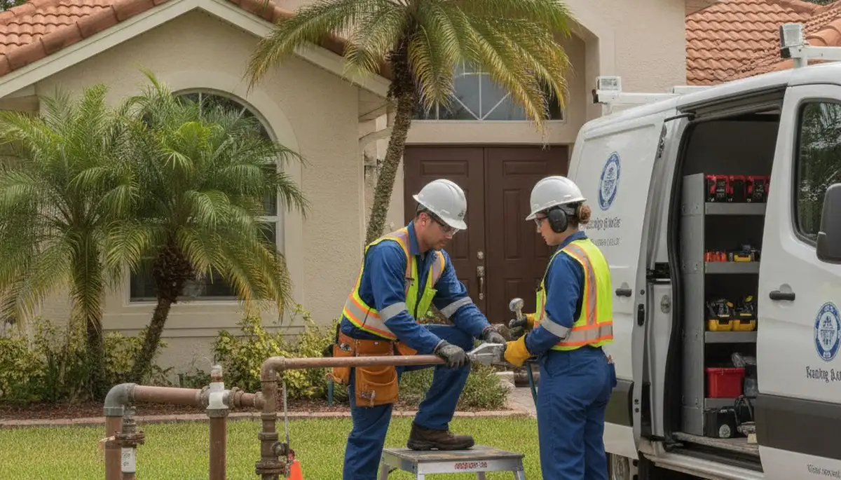 Tampa, FL plumber repairing a pipe for a local plumbing service in a residential area