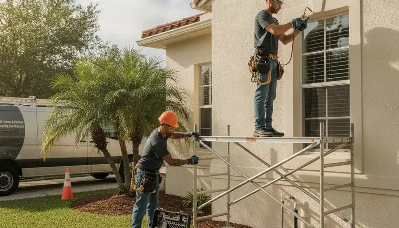 Tampa, FL plumbing repair team servicing a residential pipe leak for local homeowners