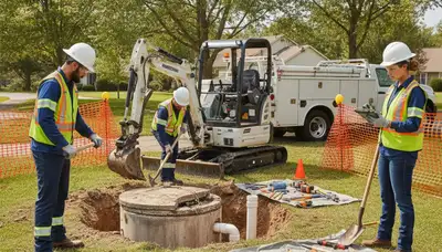 Tampa, FL plumber inspecting septic repair at a home for fast drain and yard drainage fixes
