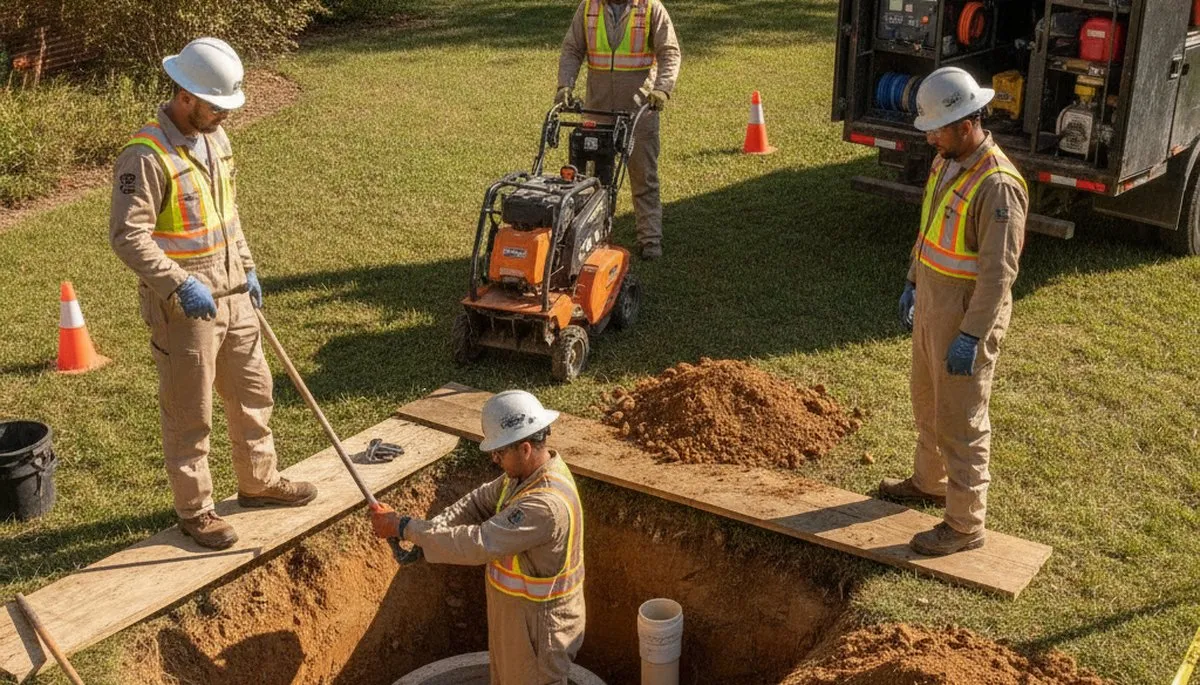Tampa, FL plumber inspecting septic repair work for a home service call